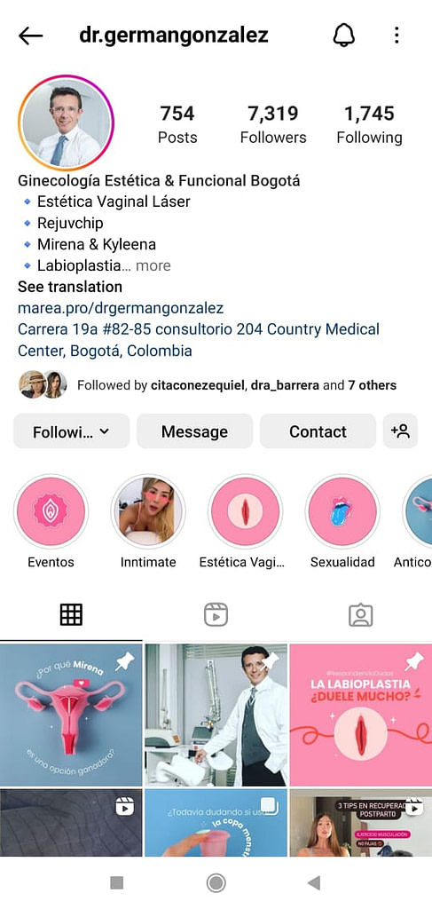 Perfil de Instagram del Dr. Germán Gónzales