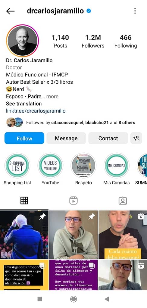 Perfil de Instagram del Dr. Carlos Jaramillo