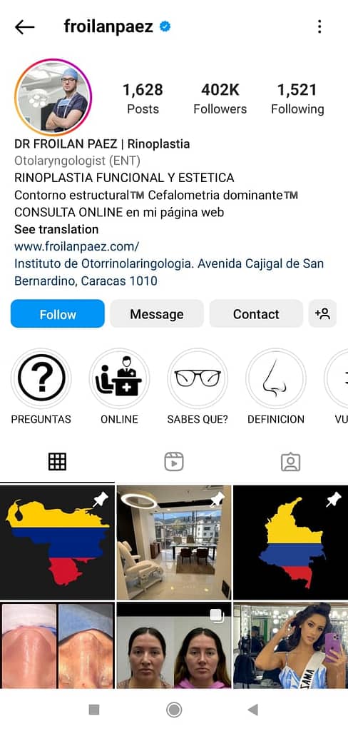 Perfil de Instagram del Dr. Froilan Paez